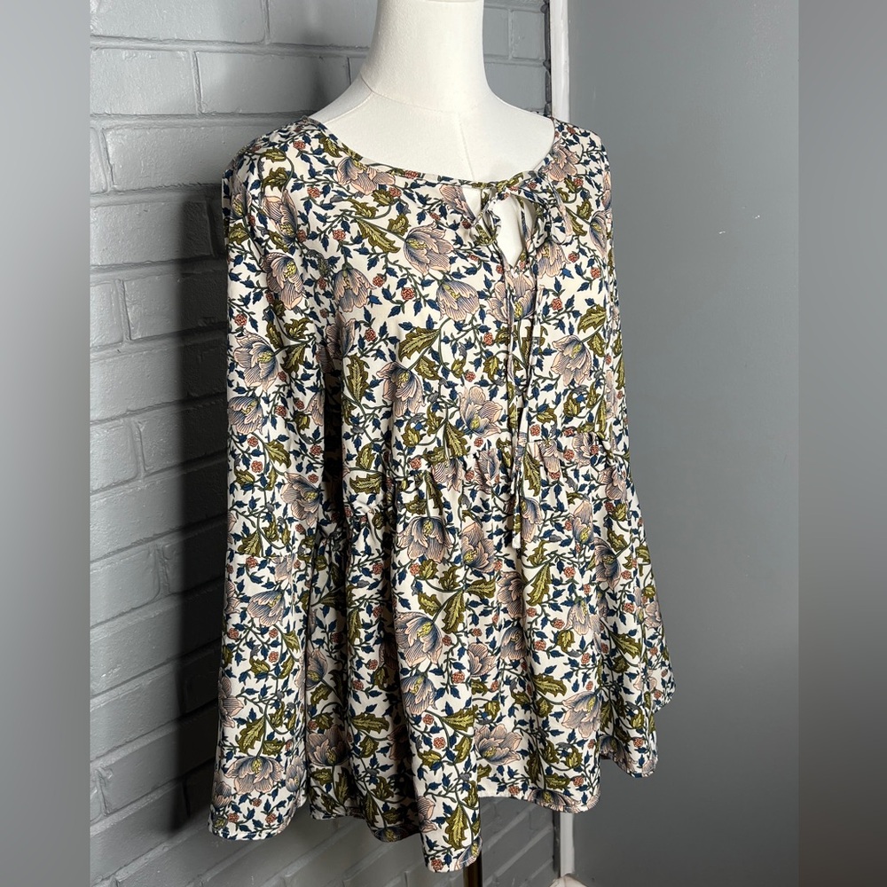 Floral Print Long-Sleeve Peasant Top - Cream/Olive - Picture 3 of 15